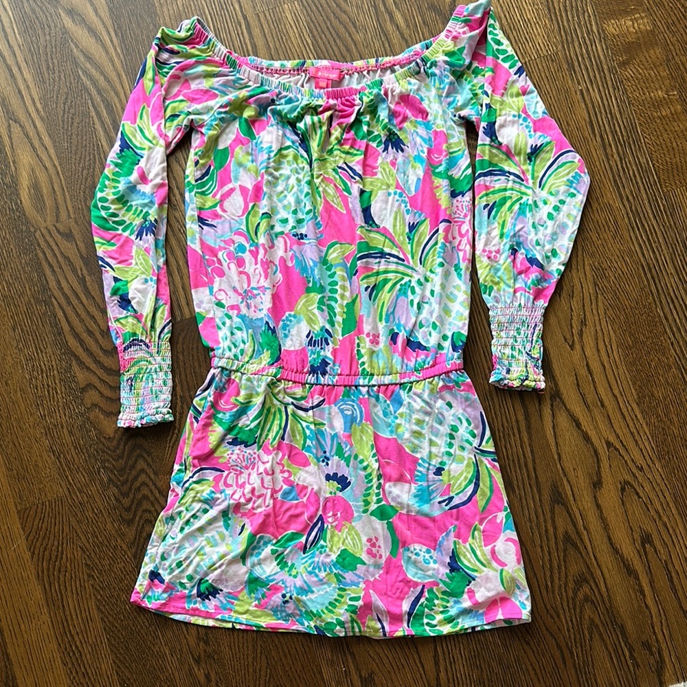 Lilly Pulitzer Pink and Green Off-Shoulder Dress